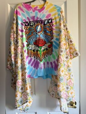 DEAD & CO Band Tee Tie Dye Custom Upcycled Poncho Kimono Floral Sleeve OOAK BOHO